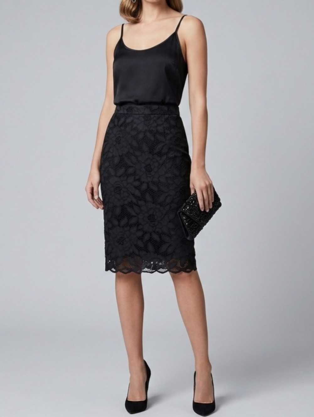 NWT Bebe Black Floral Lace Pencil Dkirt